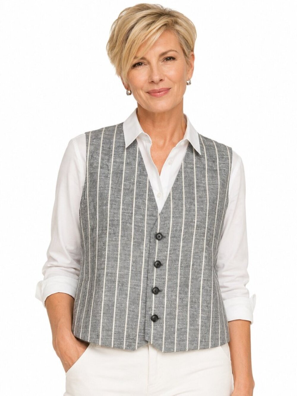 Eskandar Grey White Stripe Pure Linen Vest